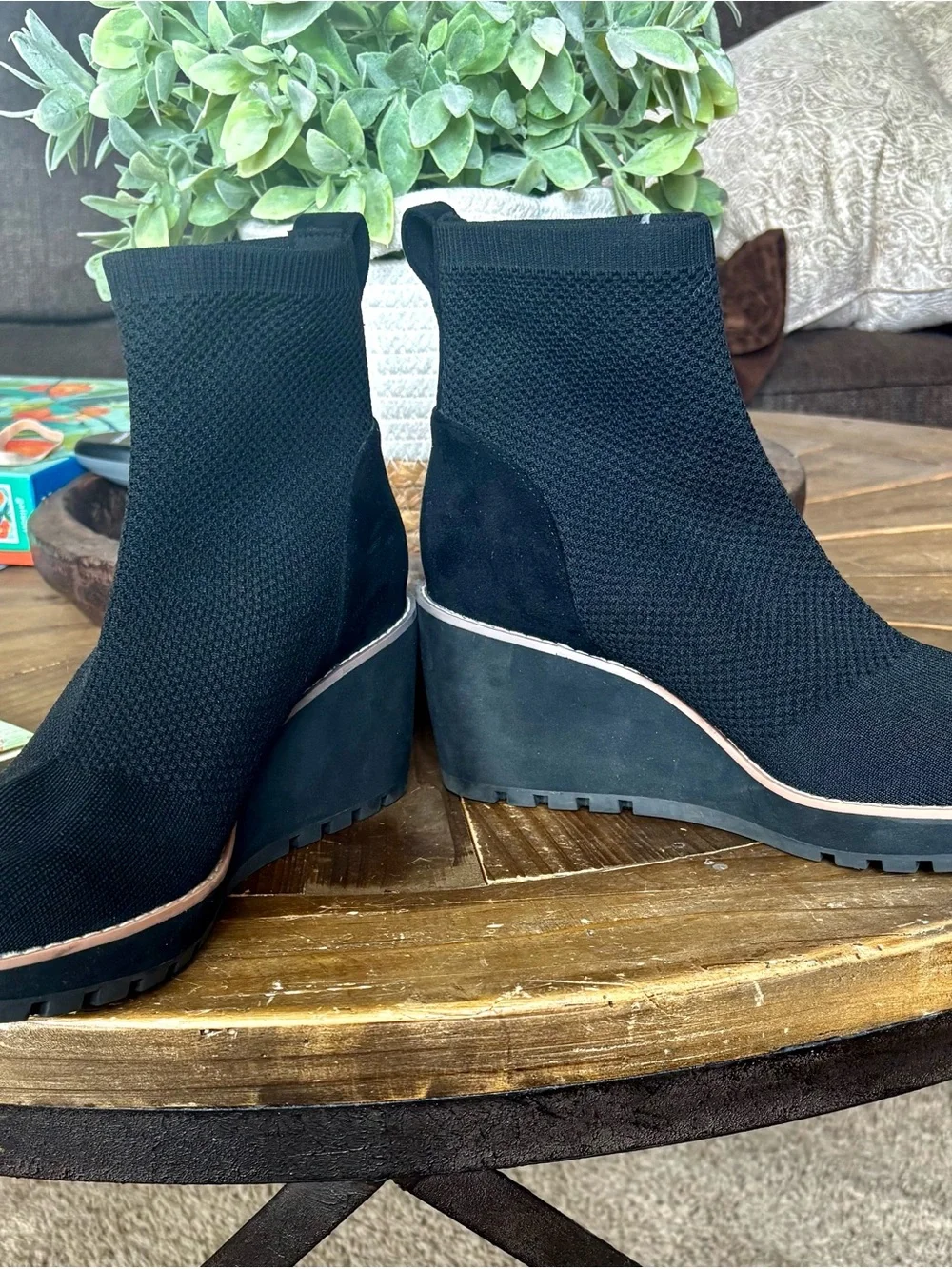 Anne Klein Black Knit Wedge Ankle Boots with Trim. Size 8